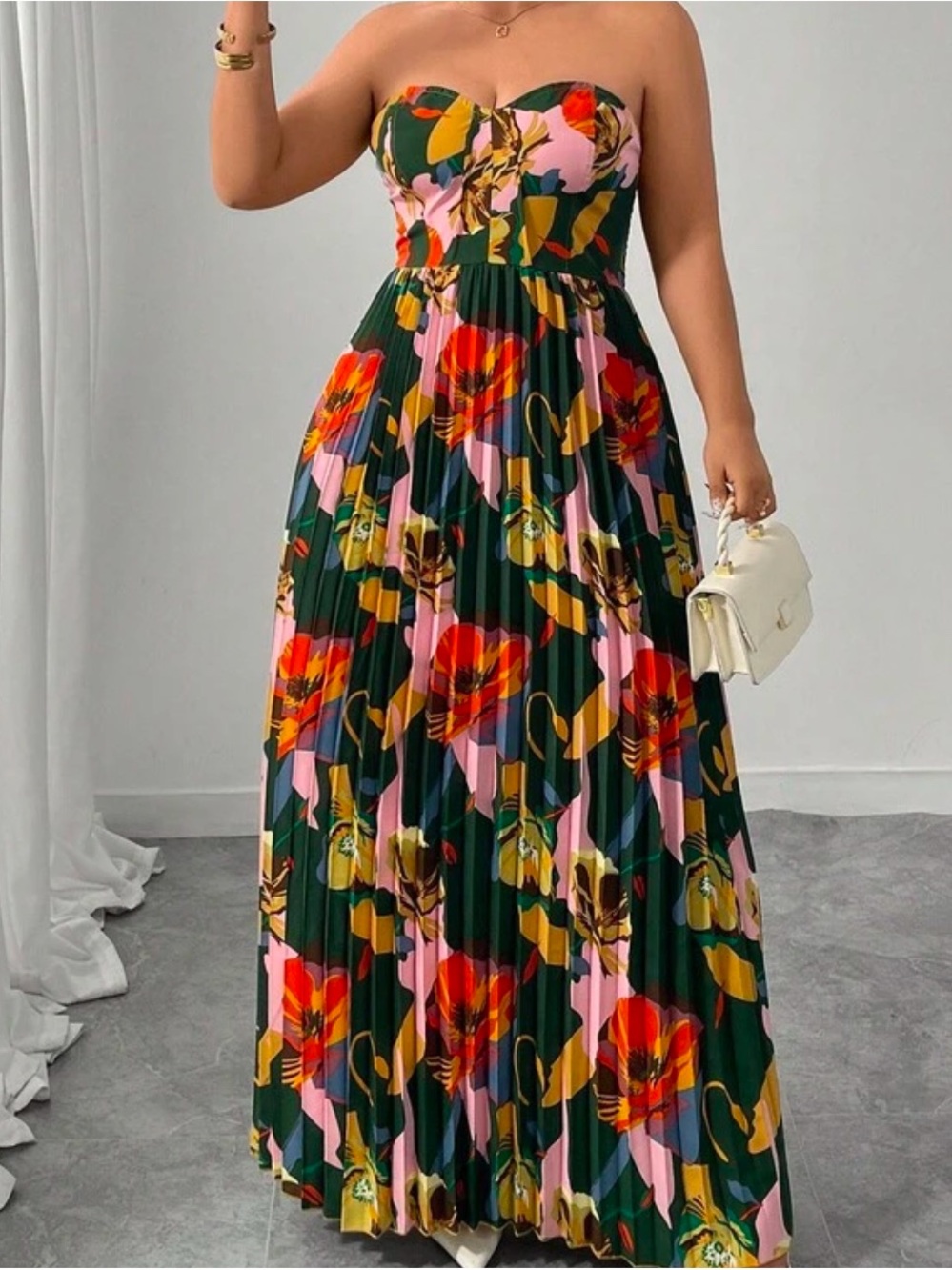 Strapless Floral Pleated Maxi Dress in Green and Pink